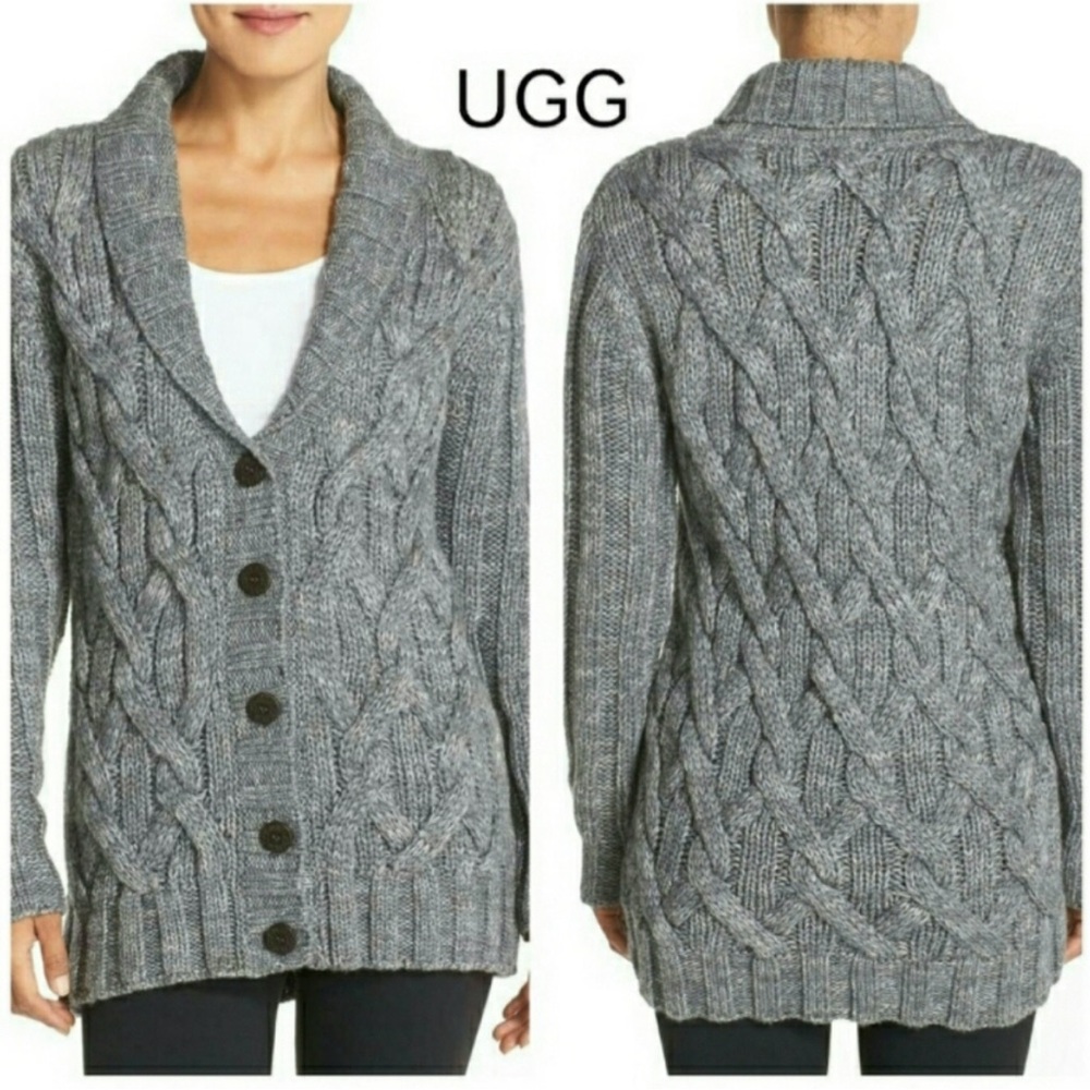 UGG Margie Shawl Collar Chunky Cable Knit Gray Cardigan Sweater sz S